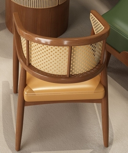 Banqueta de Cuero Verde Bosque con Respaldo de Ratán, Estilo Tropical Chic, Juego de Muebles de Comedor para Restaurante, Juego de Asientos Circulares - Product Image 6
