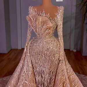 New African Mermaid Detachable Train Wedding Dress Long Sleeve Vintage Sparkly Bridal Big Train Wedding Dress