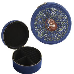 Scatola di gioielli rotondi in morbido velluto navy con scatola di anelli da viaggio ricamati con fiori con cerniera scatola per orecchini - Product Image 1