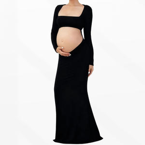 <span class=keywords><strong>Robe</strong></span> de maternité fendue pour femme, manches longues, froncée, en tissu tissé, col carré, dos évidé, coupe sirène élégante - Product Image 5