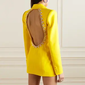BA2256 Women Sexy Backless Long Sleeve Luxury High Quality Jacket Crystal Rhinestone Mini Blazer Dress
