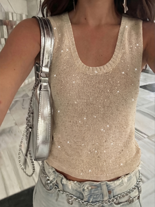 Débardeur en maille scintillante pour femme, été 2026, sans manches, à sequins, col rond, couleur or champagne, haut tricoté élégant pour le quotidien - Product Image 1