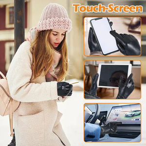 PRI femmes peau de chèvre noire paume <span class=keywords><strong>Ultra</strong></span>-doux court doublure en peluche avec poignets en fourrure de vison écran tactile coupe-vent gants d'hiver - Product Image 5