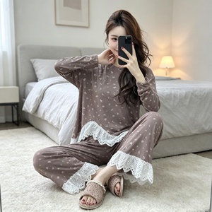 Set Cardigan a Maniche Lunghe da Donna, Versione Coreana Dolce e Carina, con Vita Elasticizzata e Finiture in Pizzo, Abbigliamento da Casa Autunnale - Product Image 5