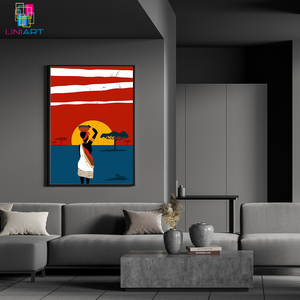 UNIART familia africana que lleva agua al atardecer arte de pared estilo africano ilustraciones con marco lienzo impresión arte de pared para decoración del hogar - Product Image 6