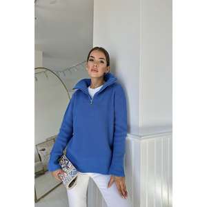 Pull en maille à col roulé bleu pour femme, manches longues, décontracté, anti-boulochage, mélange de laine 12 GG, pour l'automne et l'hiver - Product Image 3