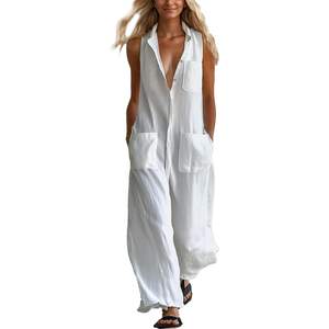 Combinaison Femme Personnalisée 2026 Sans Manches Coupe Ample Jambes Larges Blanche Avec Poches Décontractée Pour Sortir Respirante Taille Mi-Haute - Product Image 3