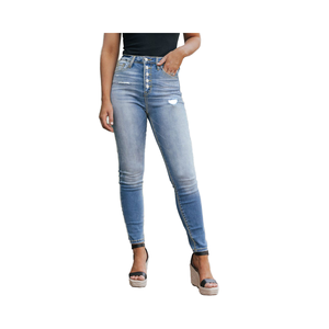 Livraison gratuite aux États-Unis, jean skinny bleu clair à haute élasticité, jean skinny déchiré pour femmes, jean crayon à braguette boutonnée pour mamans - Product Image 1