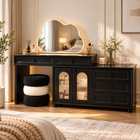 Ensemble de coiffeuse avec miroir rond, portes en rotin, trois tiroirs de rangement, pieds en forme de boule pour chambre à coucher, maison et salon de beauté
