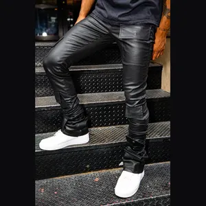 DiZNEW Custom Logo OEM ODM mens wax denim stacked jeans waxed cargo pants with multi pockets raw edges flare jeans men