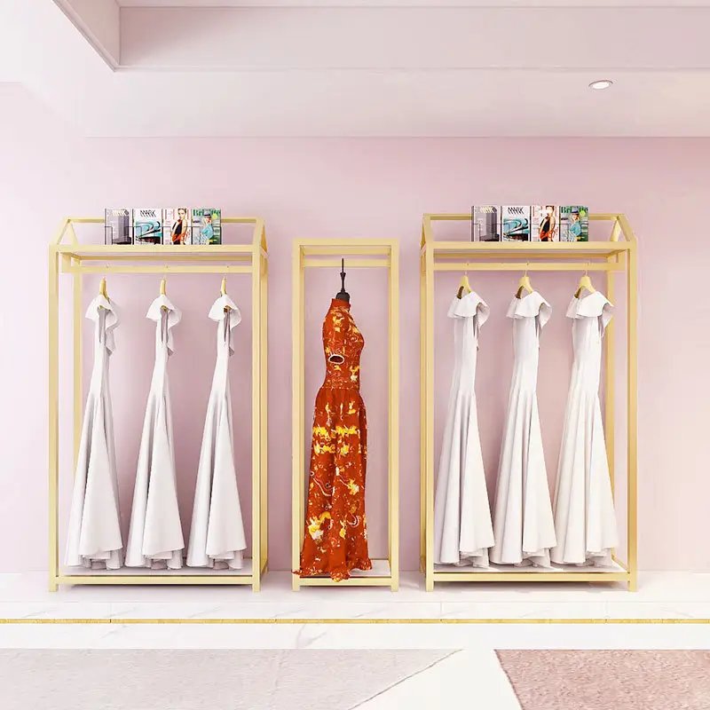 Custom Retail Store Fixture Hanging Clothes Shop Design Metal Gold Clothing Dress Display Rack