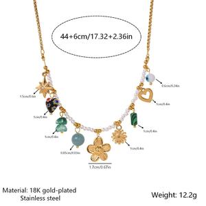 <span class=keywords><strong>Collana</strong></span> Boho Chic in Acciaio Inossidabile Placcato Oro 18K PVD <span class=keywords><strong>con</strong></span> Perle, Perline Verdi, Fiori, Cuori e Occhi - Gioielli alla Moda - Product Image 5