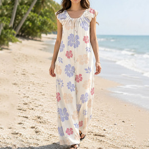 Mono largo informal de verano al por mayor, holgado, con estampado Aloha, elástico, personalizado, transpirable, de lino y algodón. - Product Image 1