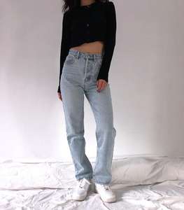 Pantalones vaqueros holgados de cintura alta para mujer, pantalones holgados rectos informales cómodos a la moda para mujer, pantalones vaqueros lavados para madre, pantalones de pierna ancha para <span class=keywords><strong>novio</strong></span>, novedad - Product Image 1