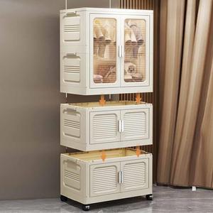 Armoire de rangement en plastique pliable à 3 niveaux, beige, mobile, avec roulettes, armoire portable, placard de rangement en plastique - Product Image 5