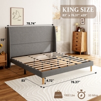 Cadre de lit plateforme moderne gris rembourré avec tête de lit haute à volants, pieds en bois massif, taille Queen, pour la décoration de chambre à coucher
