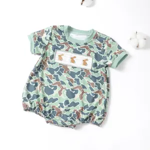 Custom Kids Clothing Newborn Baby Boys Camo Bubbles Easter Bunny Smocked Newborn Boys Bubble Romper