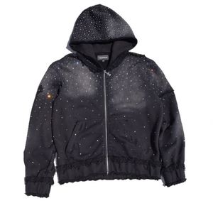 Sudadera con capucha negra oversize de algodón de alta calidad con efecto desgastado, estilo streetwear, con cremallera y pedrería personalizada - Product Image 5