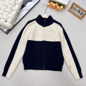 Cárdigan de punto con cremallera completa y cuello alto para mujer, suéter acanalado de manga larga, ropa informal para otoño e invierno - Product Image 1