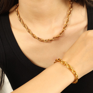 Chunky <b>Braided</b> Gold Plated Stainless Steel Necklace And Bracelet Set For Women Party Jewelry Fashion Chain <b>Accessories</b> - Product Image 4