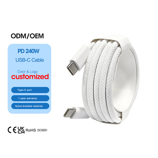 USB-C Super Fast Charging PD 240W 51V 5A Nylon Braided Type-C Data Cable White 2M for Mobile Phones & Tablets with Data Transfer