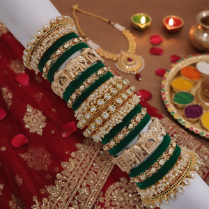 Designer Gold Plated Pota Stone and Pearl Meenakari Velvet Bangles Set <b>Bridal</b> Ethnic Jewelry Collection for Women - Product Image 3