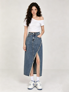 Jupe midi en <span class=keywords><strong>jean</strong></span> vintage fendue sur le devant pour femme, taille haute, élégante, coupe trapèze, longue, style chic français, été 2026 - Product Image 4