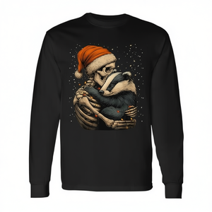 Camiseta de manga larga unisex con cuello redondo para adulto, con estampado de esqueleto abrazando un tejón con gorro de Papá Noel, estilo gótico navideño, promocional - Product Image 2