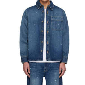 Camicie in Denim Vintage personalizzate in Denim <span class=keywords><strong>di</strong></span> alta qualità da uomo camicie in <span class=keywords><strong>jeans</strong></span> blu scuro con lavaggio classico sbiadito e rilassato da uomo - Product Image 1