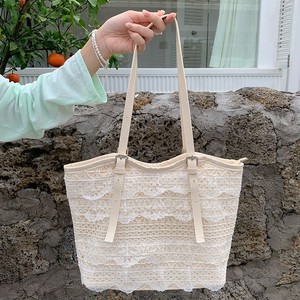 กระเป๋าโท้ท ผ้าลูกไม้ตาข่าย สีขาว ความจุขนาดใหญ่ ใช้ได้ทุกวัน ฤดูร้อน 2025 กระเป๋ามีซิป ปักลาย สีพื้น - Product Image 2