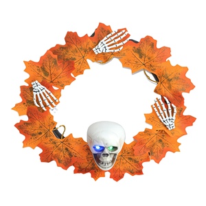 Simulated Maple Leaf Skeleton Head <b>Garland</b> Led Glowing Eye Halloween Horror Skull Wreath for Festival Decor - Product Image 4