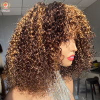 Wig Afro Kinky Curly HD Tanpa Lem dengan Poni, Kepadatan 200%, Rambut Asli Remy Brasil Buatan Tangan, Wig Pendek untuk Wanita