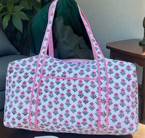 Pink Floral Cotton Block Print Duffle <b>Bag</b> With Zipper Closure Large Capacity <b>Weekender</b> <b>Travel</b> <b>Bag</b> Textile Material - Product Image 3