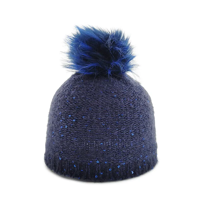 Cappello Caldo Maglia Cappelli per Adulti Inverno paillettes filato di Stile di modo beanie con finta pelliccia pom pon