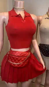 Rok lipit kustom kaus Polo Ribbed rok Mini dua potong Set pakaian seksi kasual untuk wanita pakaian musim panas