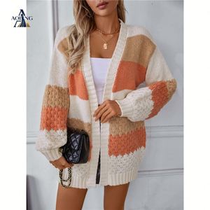 <span class=keywords><strong>Cardigan</strong></span> en tricot de luxe pour femme, à rayures, à manches longues, à blocs de couleurs, texturé, chaud, à ouverture frontale, vente en gros - Product Image 3
