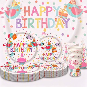 Ensemble de vaisselle jetable pour fête d'<span class=keywords><strong>anniversaire</strong></span> d'enfants, thème à pois avec assiettes, gobelets, serviettes, chapeau et bannière - Product Image 1