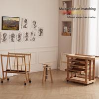 Chariot mobile professionnel HXS à cinq niveaux en bois pour fournitures d'art, avec chevalet et tabouret, finition bois naturel, installation sans outil