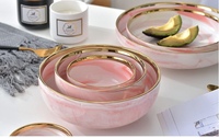 Assiette à dîner en céramique marbre nordique avec bord doré, ensemble de bols roses, vaisselle de luxe à rebord doré pour la maison, compatible micro-ondes