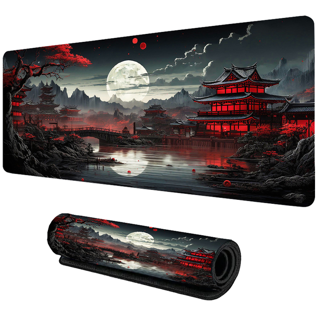 Japanese Cartoon Large XXL Customized Mouse Pad Black Red Desk Mat Full Moon Design Scratch-Proof Rubber Material PC Gaming
