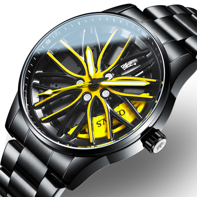 High Quality New Fashion Alloy Glass Pointer Yellow Hub Spinning Wheel Classic Luxury Watch for Men