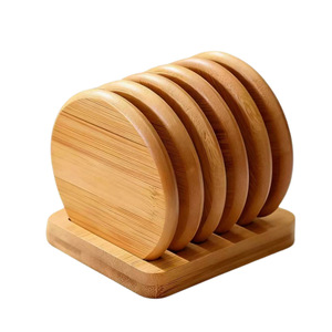 New round bamboo and wood coaster set, simple and creative <b>teacup</b> holder, desktop water cup heat insulation mat. - Product Image 1