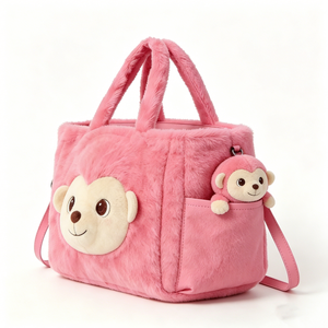 Customized Pink Monkey Plush Handbag, Fluffy Tote Bag with Matching Monkey Charm, Cute Monkey Crossbody <b>Purse</b> with Handle - Product Image 2