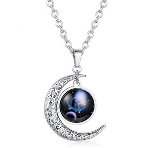 Collier pendentif en acier inoxydable demi-lune croissant étoilé de nuit rétro personnalisé en gros, 12 <span class=keywords><strong>signes</strong></span> du zodiaque, chaînes en verre - Product Image 1