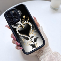Coque de téléphone portable antichoc en TPU avec motif floral noir et cœur, style objectif d'appareil photo, pour iPhone 12 13 14 15 16 17 18 Pro Max