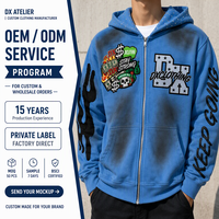 Sweat à capuche zippé intégral Custom Atelier Bleu 360 g/m² avec strass, patchs brodés et patch flamme, style streetwear, OEM ODM