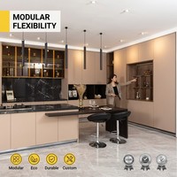 Meubles de cuisine modulaires modernes sur mesure, robinet, charnières, panneaux en mélamine, finition laquée, plan de travail en granit artificiel, évier inclus