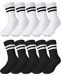 Crew <b>Socks</b> 100% Cotton Striped White and <b>Black</b> Adult Casual Breathable Knitted Spring Daily Wear - Product Image 1