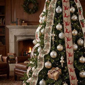 Toptan Noel Tel Kenarlı Kurdele 63mm 25 Yard, Hediye Paketleme Noel Ağacı Süslemesi için Baskılı Çuval Bezi Kurdele - Product Image 3