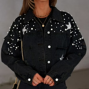 2025 OOTD Customize Beaded <b>Jeans</b> Washed Coats Long Sleeves Denim Embroidered <b>Buttoned</b> Women Jacket - Product Image 1